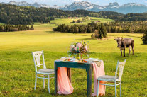 Gedeckter Tisch auf Weide, dahinter Kühe und Berge