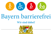 Signet "Bayern barrierefrei. Wir sind dabei!" mit Staatswappen
