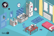 Grafische Darstellung eines Raums mit Schreibtisch, Bett und Küche 