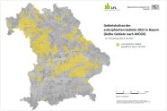 Bayernkarte mit rot eingezeichneten Gebieten und Schriftzug "Gebietskulisse der mit Nitrat belasteten Gebiete" 